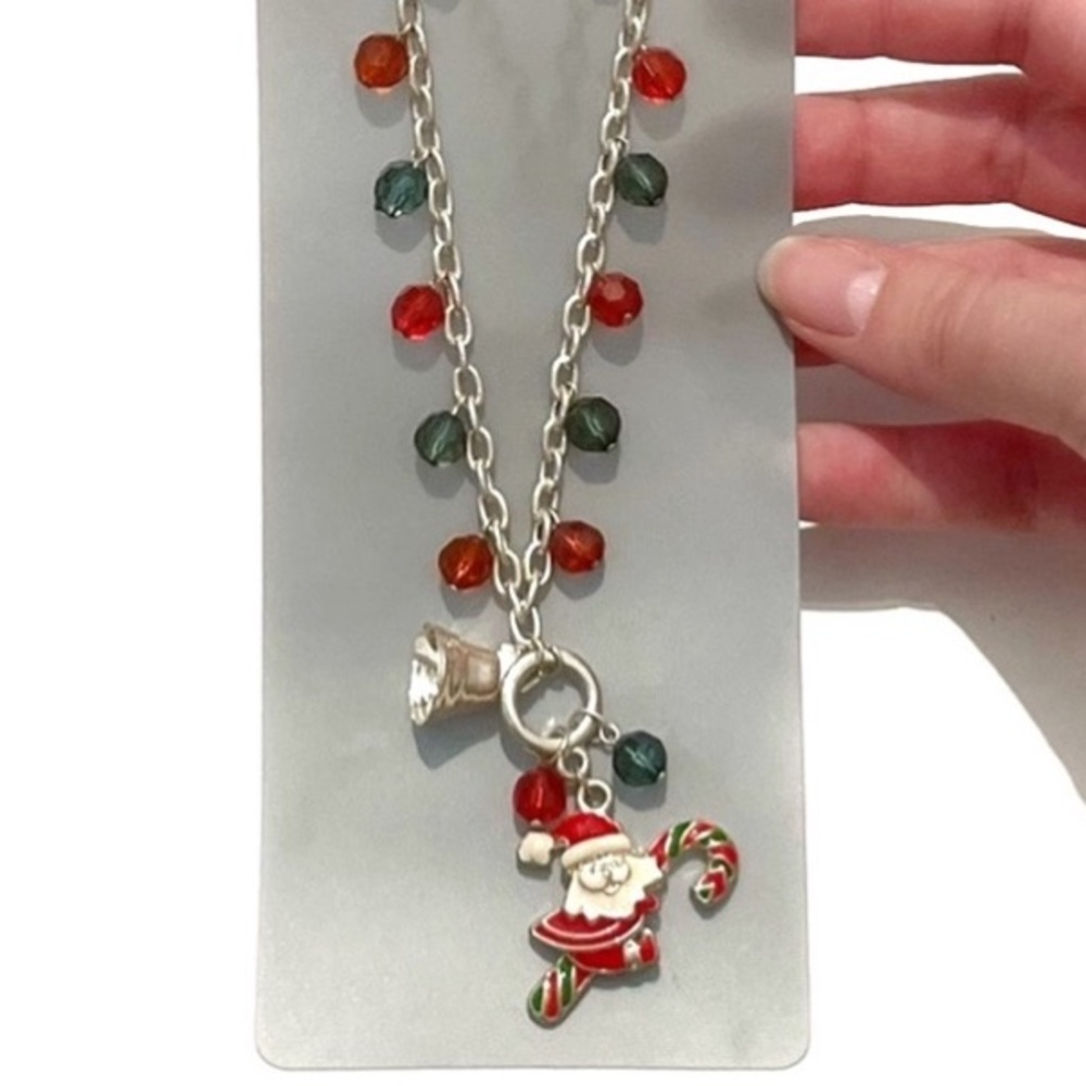Christmas Santa Beaded Christmas Necklace And Earrings Candy Cane Red Green Bell